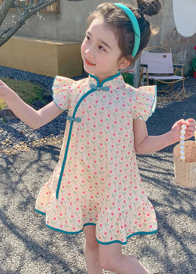 Chinese Style Blue Ruffled Print Button Girls Mid Dress Summer - Image 2