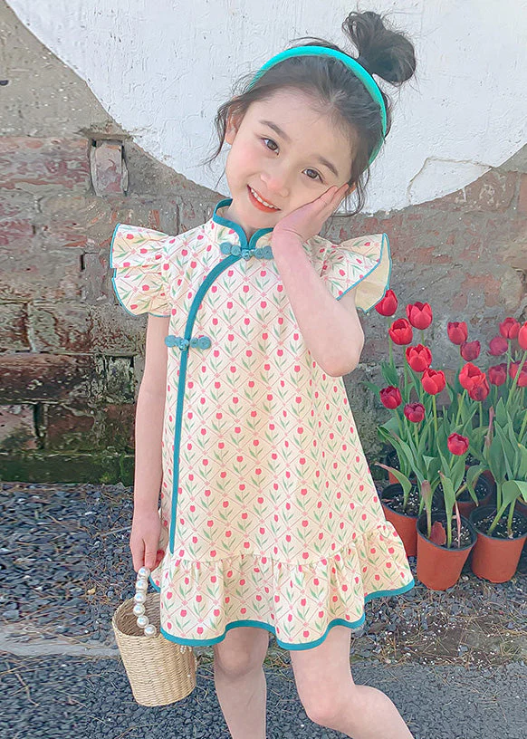 Chinese Style Blue Ruffled Print Button Girls Mid Dress Summer - Image 3