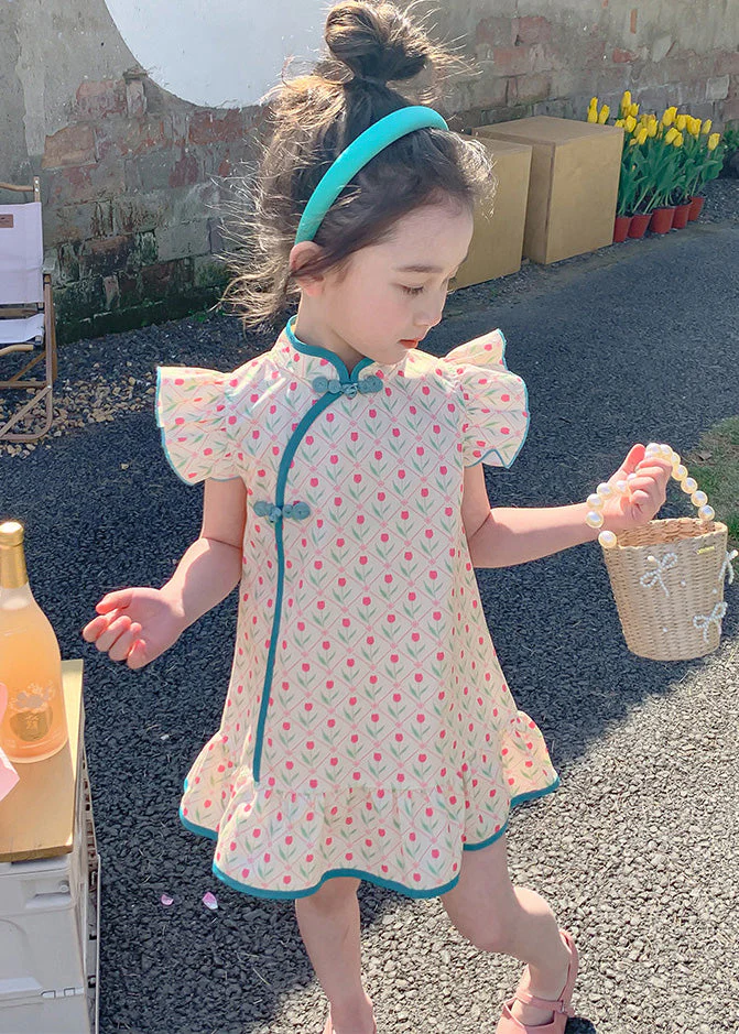 Chinese Style Blue Ruffled Print Button Girls Mid Dress Summer - Image 4