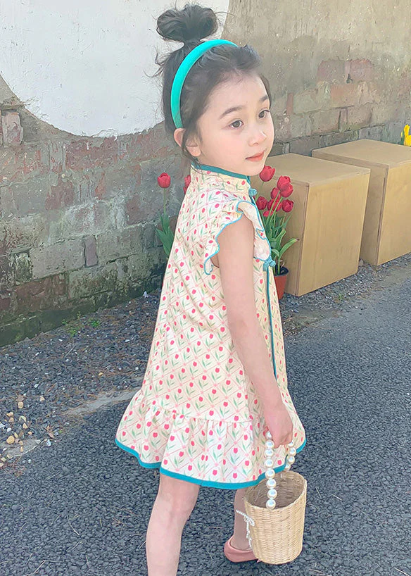 Chinese Style Blue Ruffled Print Button Girls Mid Dress Summer - Image 5