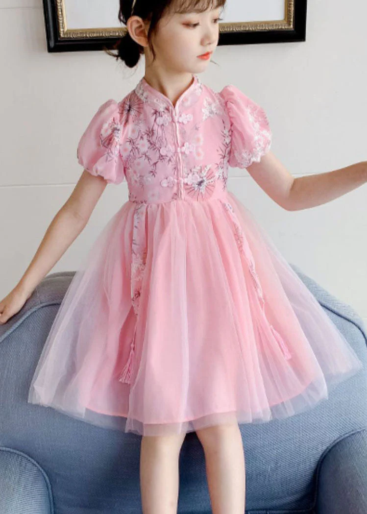 Chinese Style Blue Stand Collar Embroideried Patchwork Chiffon Kids Girls Dress Summer - Image 2