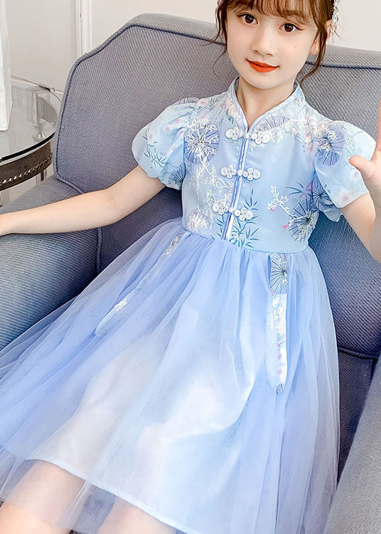 Chinese Style Blue Stand Collar Embroideried Patchwork Chiffon Kids Girls Dress Summer - Image 3