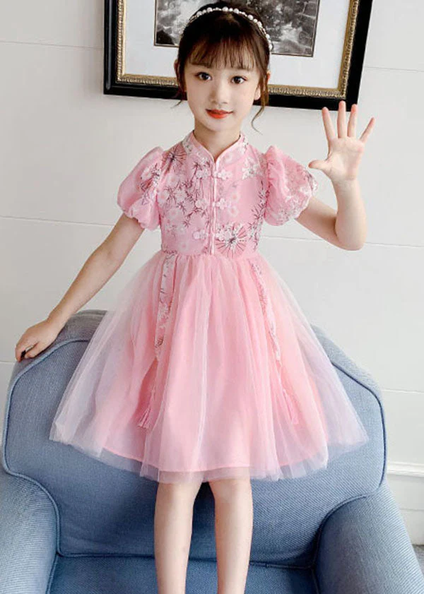 Chinese Style Blue Stand Collar Embroideried Patchwork Chiffon Kids Girls Dress Summer - Image 4