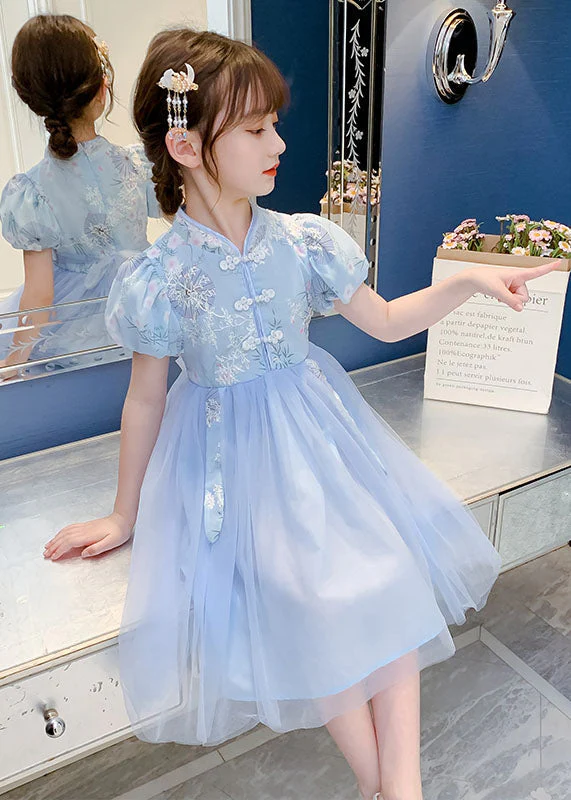 Chinese Style Blue Stand Collar Embroideried Patchwork Chiffon Kids Girls Dress Summer - Image 5