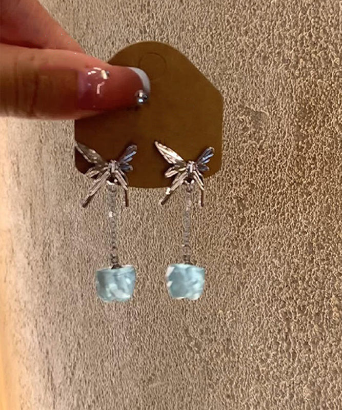 Chinese Style Blue Sterling Silver Butterfly Gem Stone Drop Earrings - Image 3