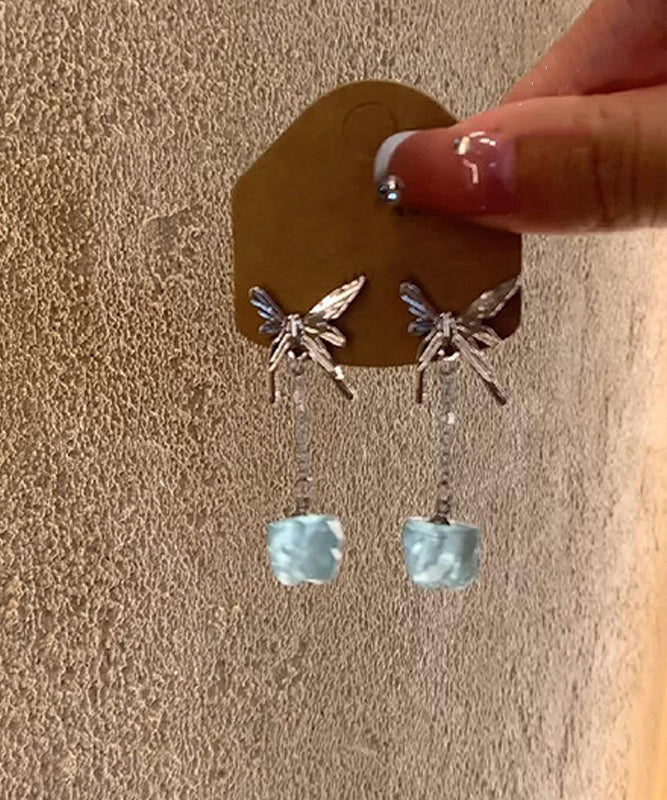 Chinese Style Blue Sterling Silver Butterfly Gem Stone Drop Earrings - Image 4