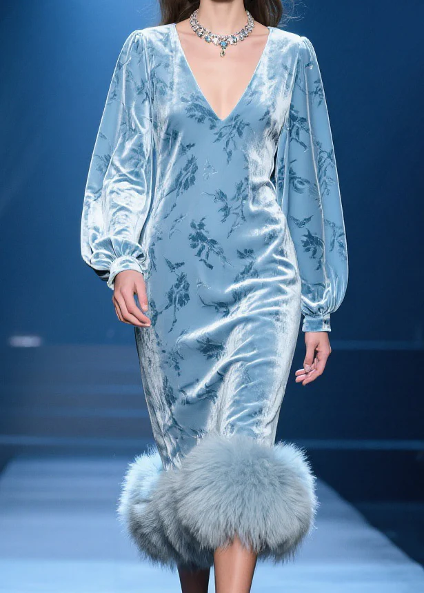 Chinese Style Blue V Neck Fluffy Patchwork Silk Velvet Dresses Spring - Image 5