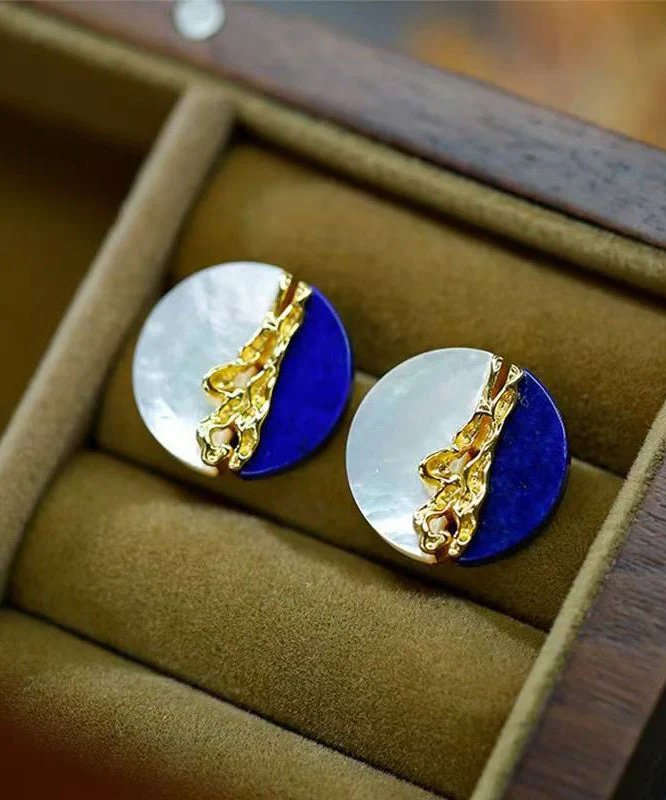 Chinese Style Blue White Patchwork Copper Overgild Shell Stud Earrings - Image 3