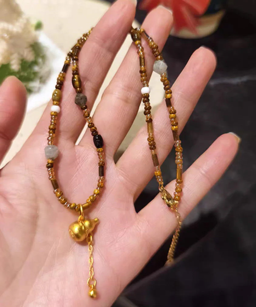 Chinese Style Brown Copper Overgild Calabash Beading Pendant Necklace - Image 2