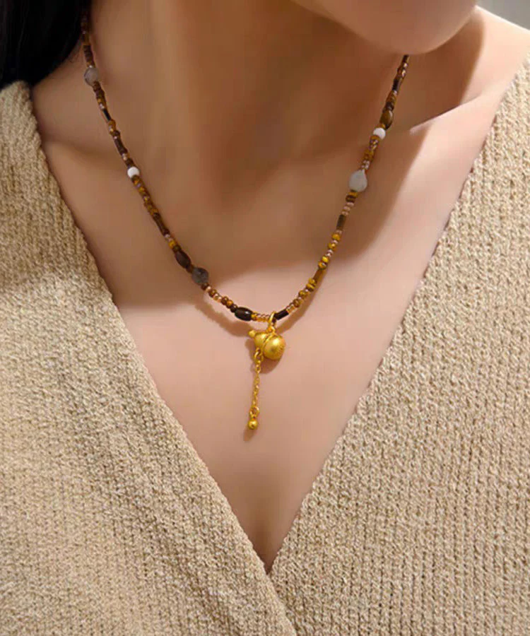 Chinese Style Brown Copper Overgild Calabash Beading Pendant Necklace - Image 3