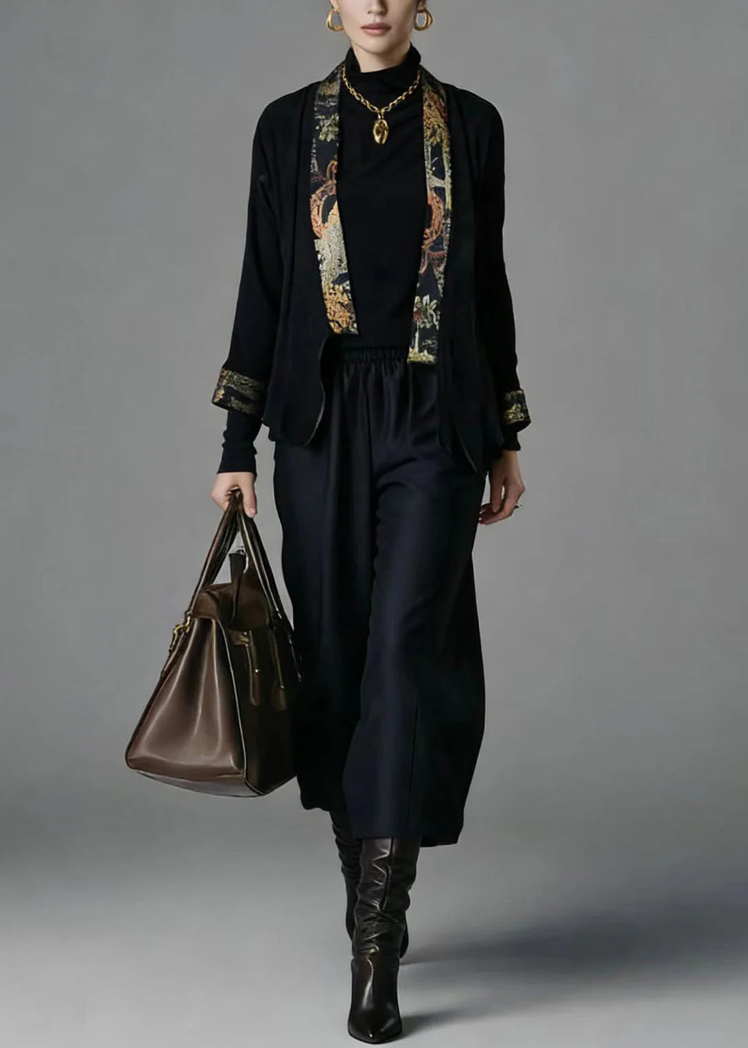 Chinese Style Cardigans And Wide Leg Pants Silk Two Pieces Set Spring - Image 3