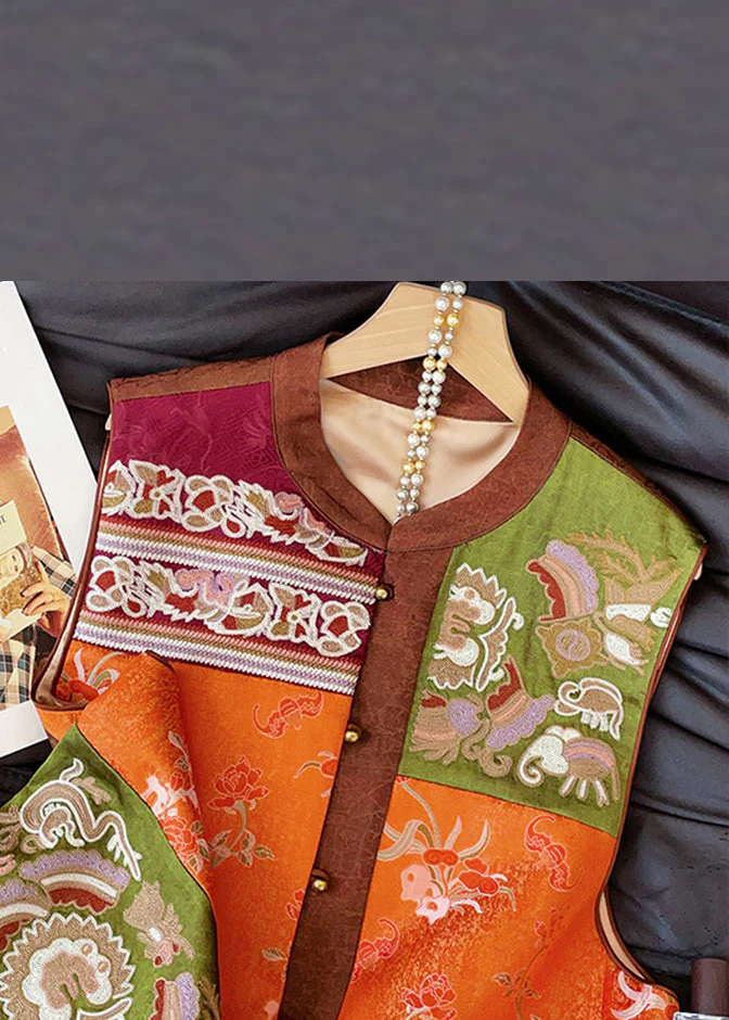 Chinese Style Colorblock Embroidered Button Cotton Waistcoat Sleeveless - Image 4