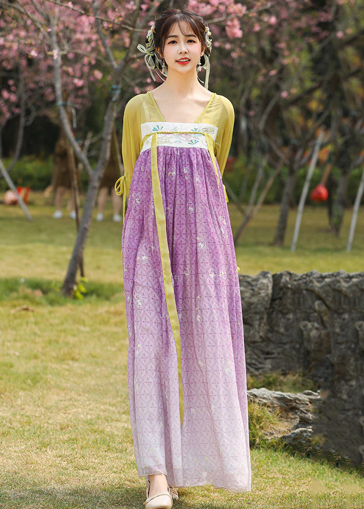 Chinese Style Colorblock Embroideried Lace Up Patchwork Chiffon Long Dresses Summer - Image 2