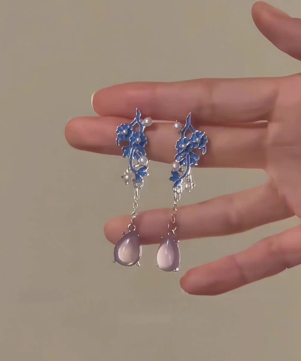 Chinese Style Colorblock Sterling Silver Jade Pearl Cloisonne Drop Earrings - Image 2
