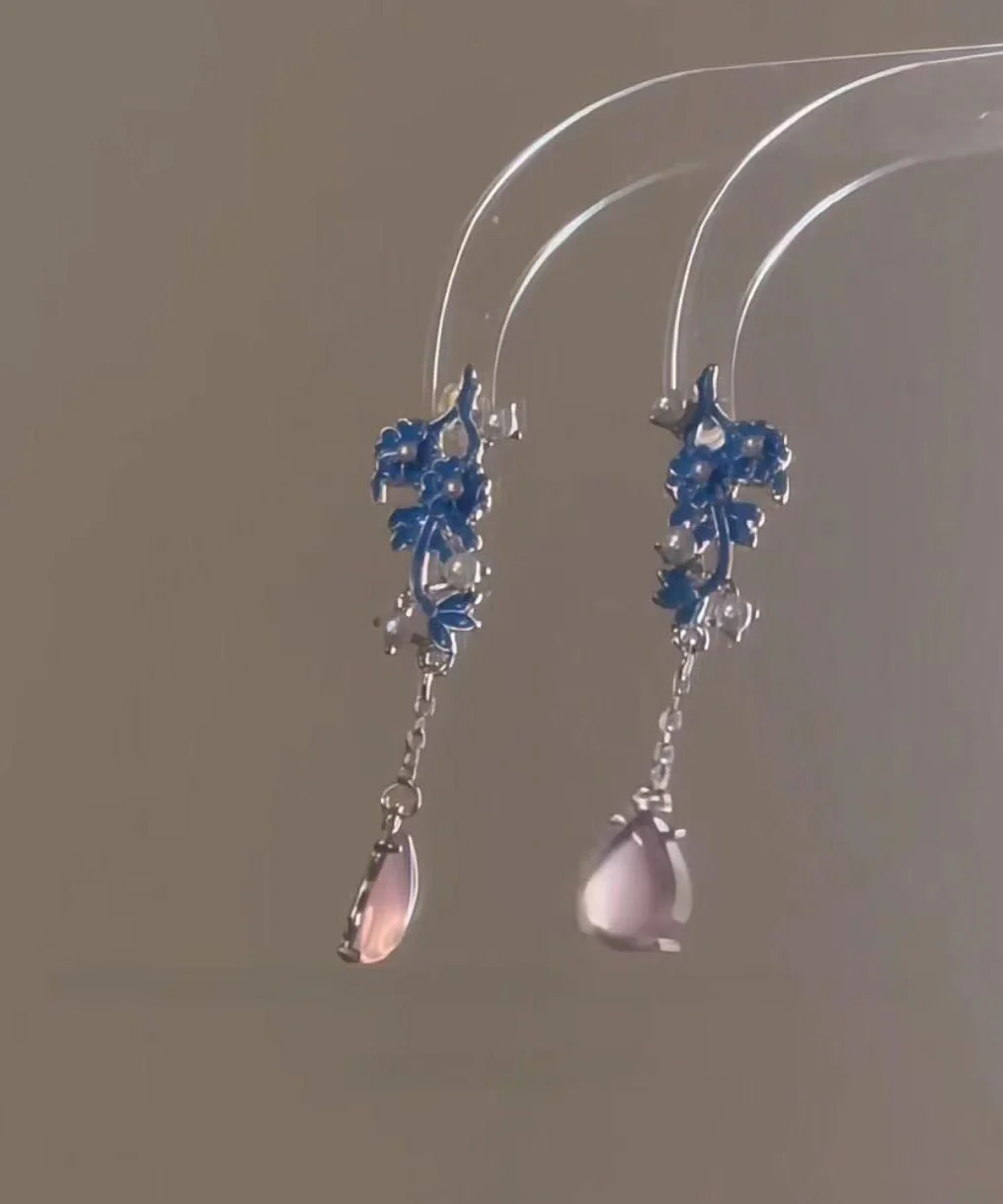 Chinese Style Colorblock Sterling Silver Jade Pearl Cloisonne Drop Earrings - Image 4