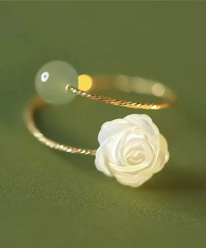 Chinese Style Colorblock Sterling Silver Overgild Jade Rose Rings