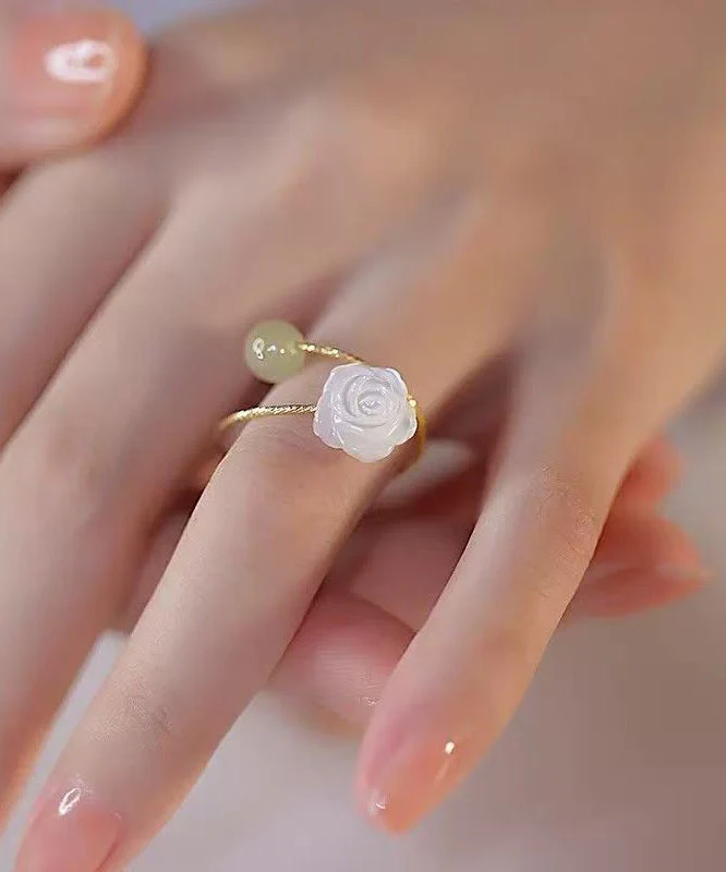 Chinese Style Colorblock Sterling Silver Overgild Jade Rose Rings - Image 2