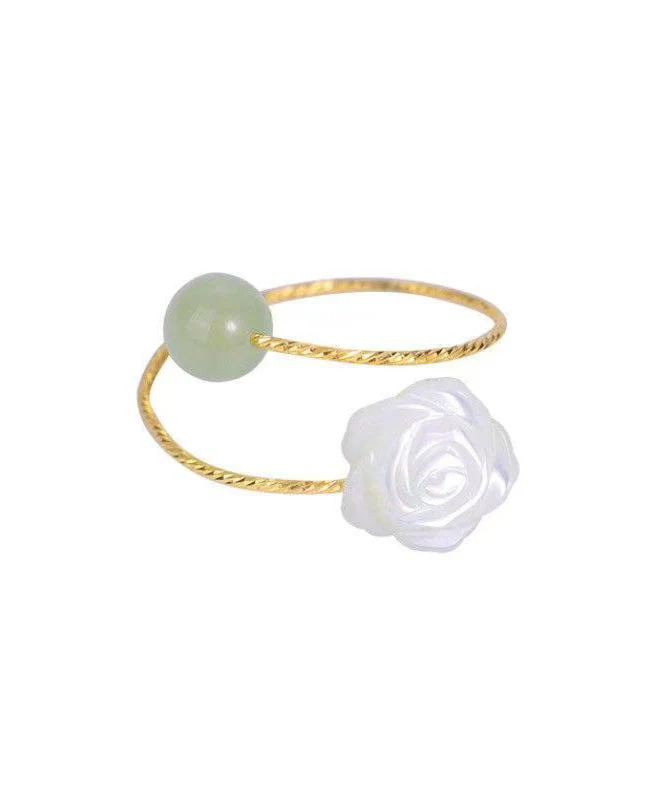 Chinese Style Colorblock Sterling Silver Overgild Jade Rose Rings - Image 5