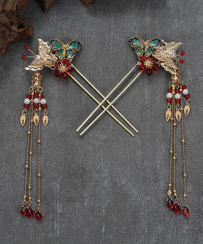Chinese Style Copper Alloy Colored Glaze Butterfly Tassel A Pair Hairpin - Image 3