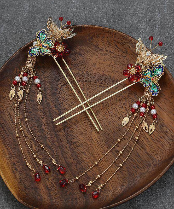 Chinese Style Copper Alloy Colored Glaze Butterfly Tassel A Pair Hairpin - Image 4