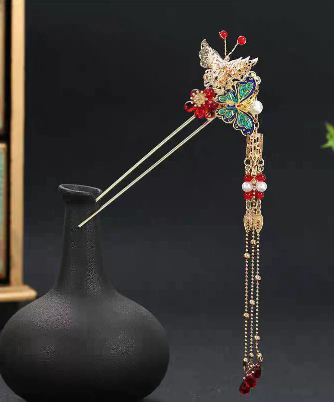 Chinese Style Copper Alloy Colored Glaze Butterfly Tassel A Pair Hairpin - Image 5
