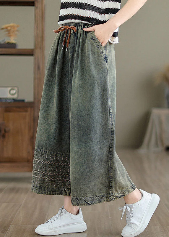 Chinese Style Embroidered Patchwork Tie Waist Crop Wide Leg Jeans Summer - Image 3