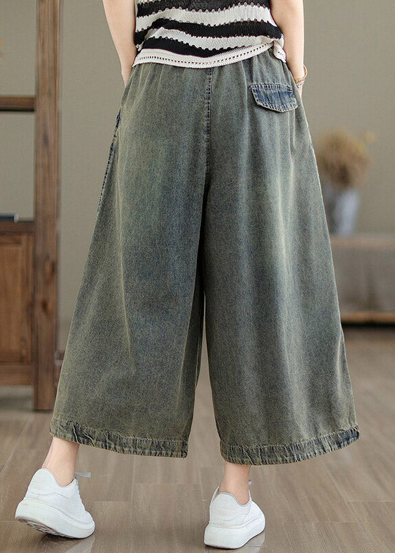 Chinese Style Embroidered Patchwork Tie Waist Crop Wide Leg Jeans Summer - Image 4