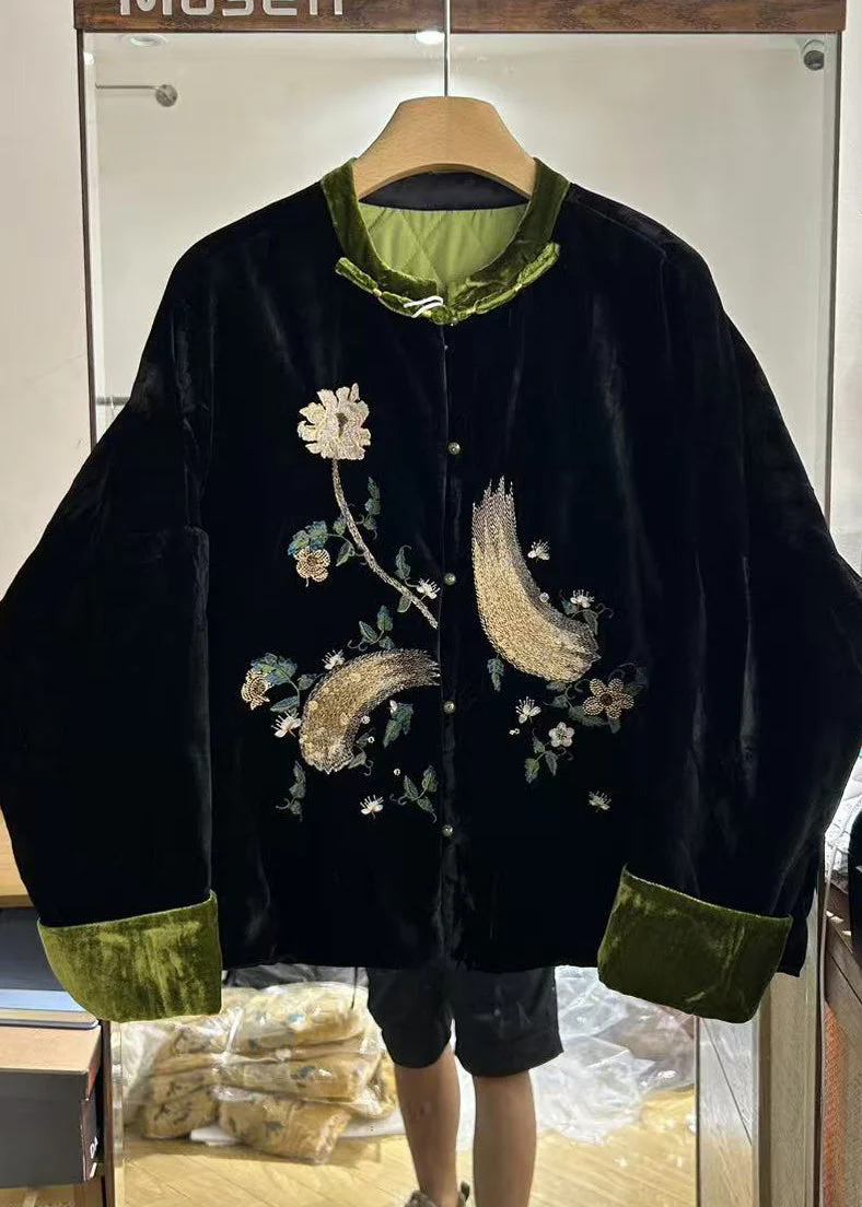 Chinese Style Embroidered Silk Velvet Fine Cotton Filled Coats Winter - Image 3