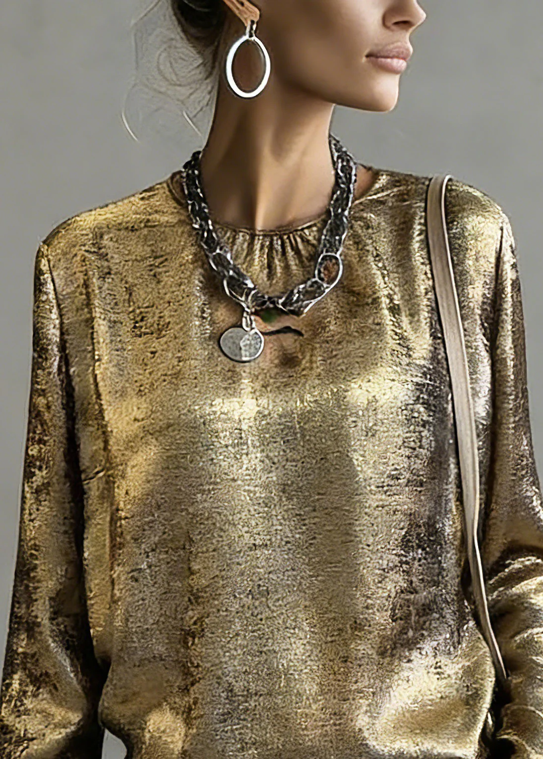 Chinese Style Gold O-Neck Patchwork Top Spring - Image 2