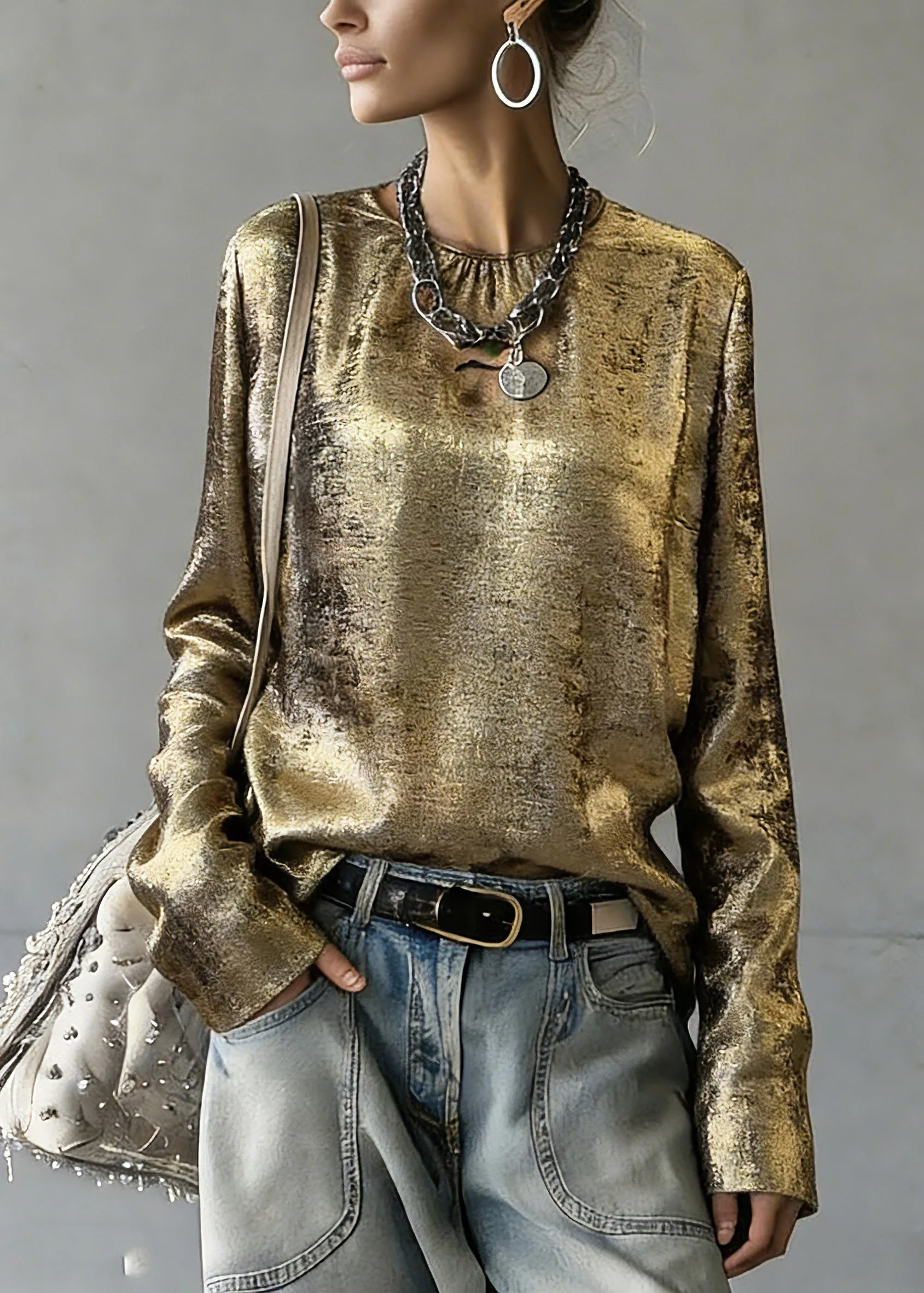 Chinese Style Gold O-Neck Patchwork Top Spring - Image 3