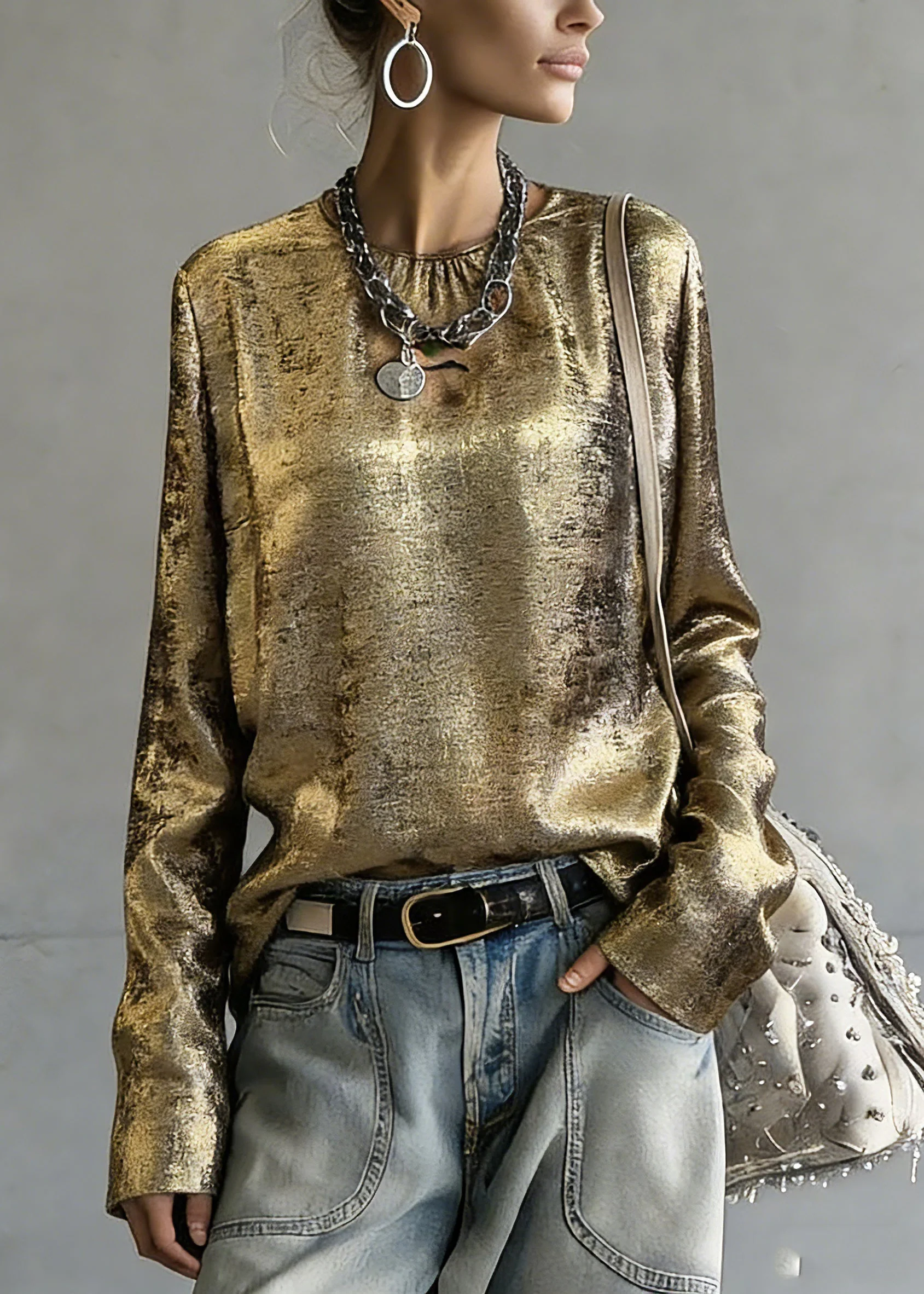 Chinese Style Gold O-Neck Patchwork Top Spring - Image 5