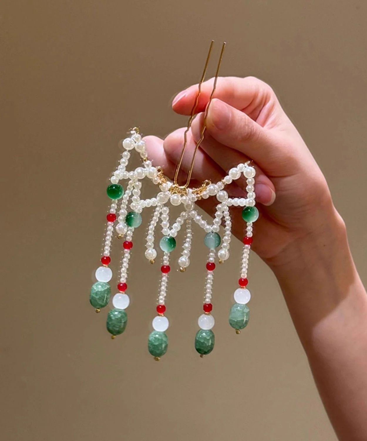 Chinese Style Green Alloy Colored Glaze Pearl Tassel Hairpin - Image 3