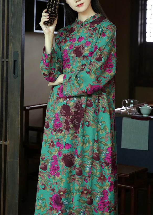 Chinese Style Green Button Print Patchwork Cotton Dresses Fall - Image 3