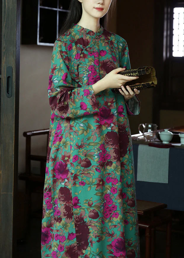 Chinese Style Green Button Print Patchwork Cotton Dresses Fall - Image 4