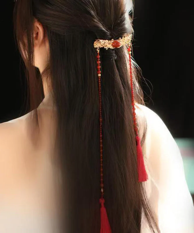 Chinese Style Green Copper Overgild Agate Pearl Tassel Hairpin - Image 2