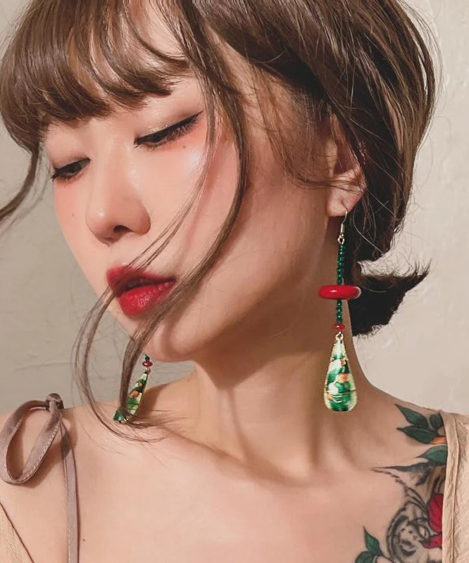 Chinese Style Green Copper Overgild Agate Resin Water Droplet Drop Earrings - Image 3