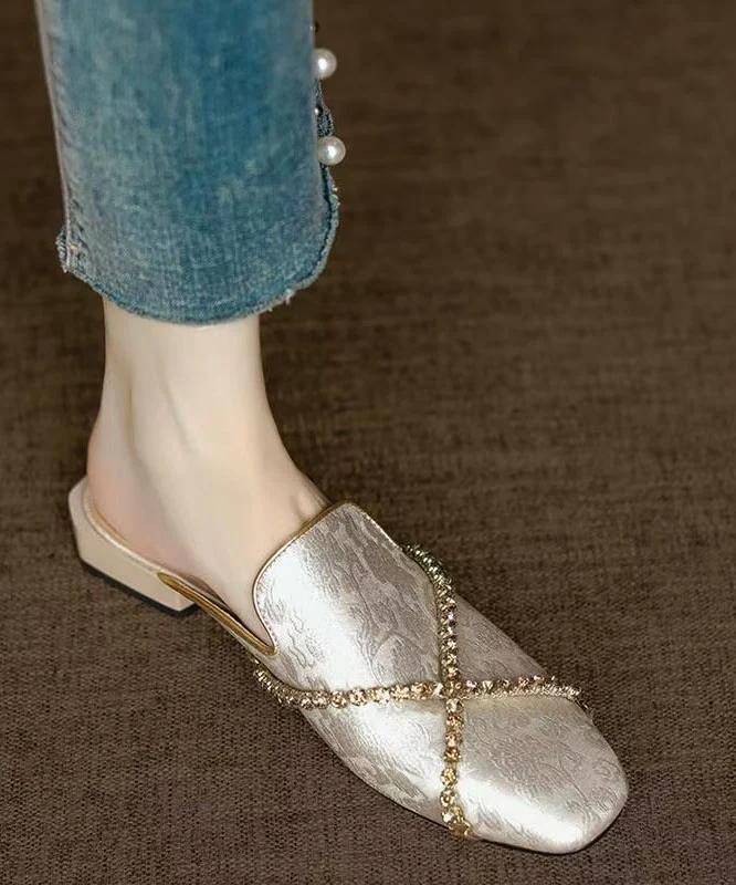 Chinese Style Green Embossed Zircon Cowhide Leather Slide Sandals - Image 2