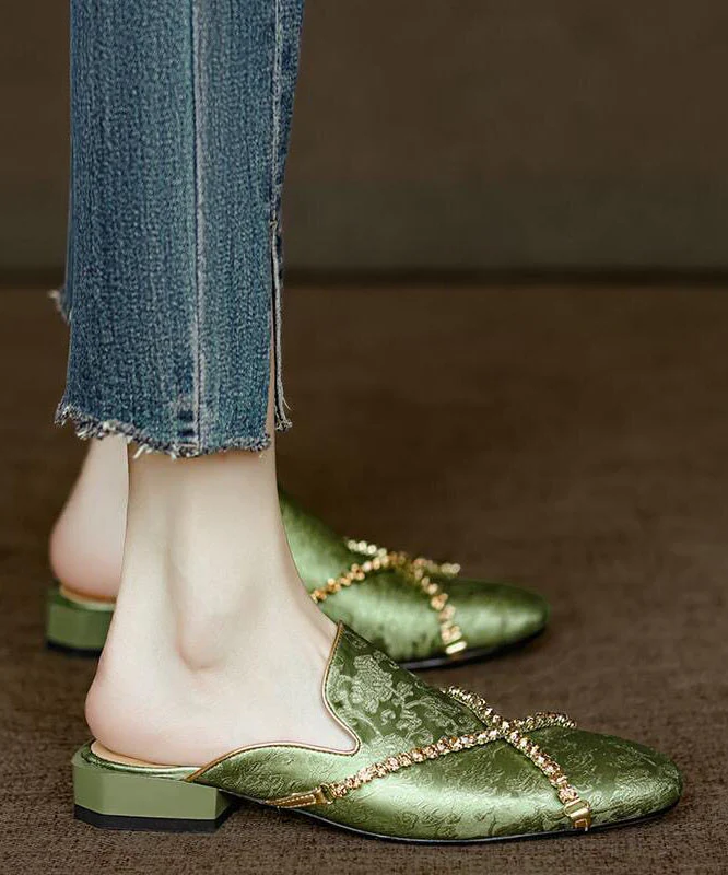 Chinese Style Green Embossed Zircon Cowhide Leather Slide Sandals - Image 3
