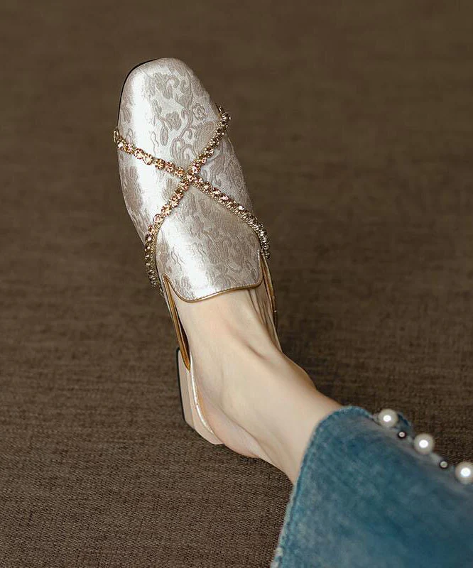 Chinese Style Green Embossed Zircon Cowhide Leather Slide Sandals - Image 4