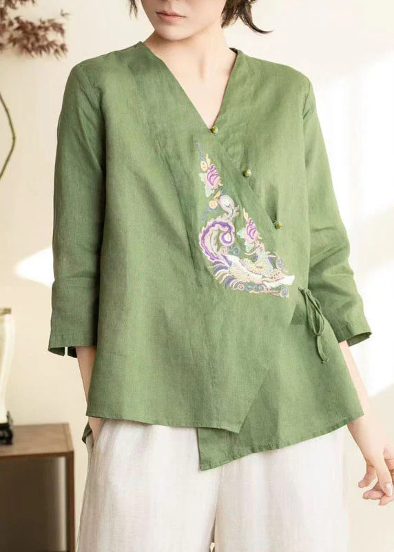 Chinese Style Green Embroidered Linen Shirt Top Spring - Image 2