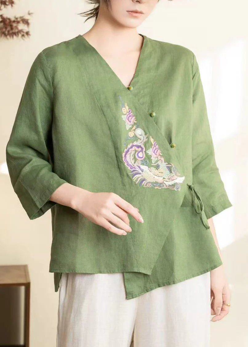 Chinese Style Green Embroidered Linen Shirt Top Spring - Image 3