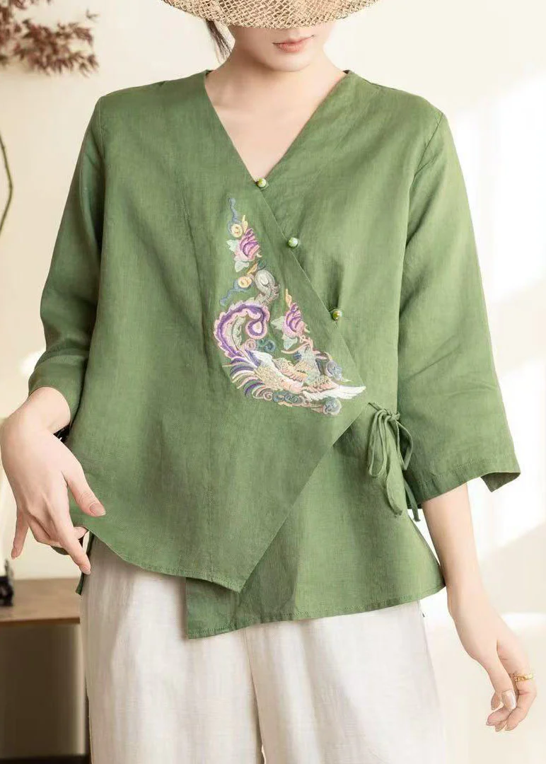 Chinese Style Green Embroidered Linen Shirt Top Spring - Image 4