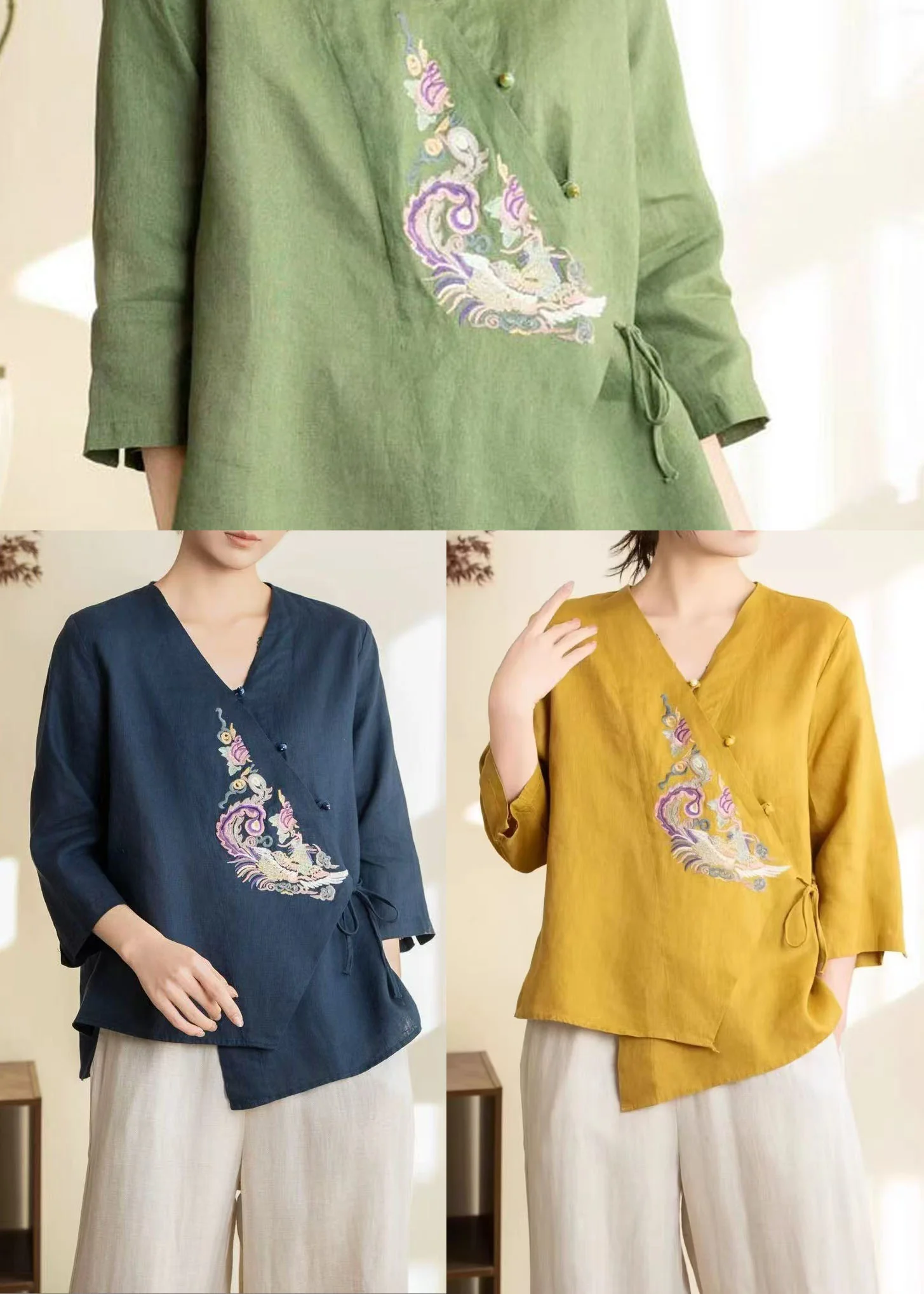 Chinese Style Green Embroidered Linen Shirt Top Spring - Image 5