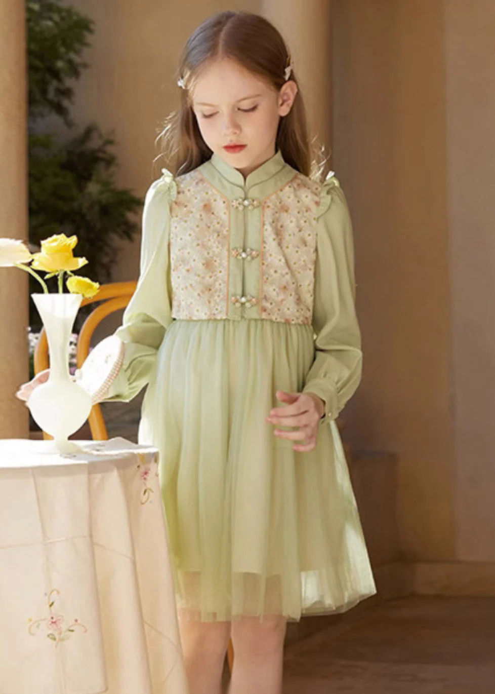 Chinese Style Green Embroideried Ruffled Tulle Patchwork Girls Mid Dress Fall - Image 3