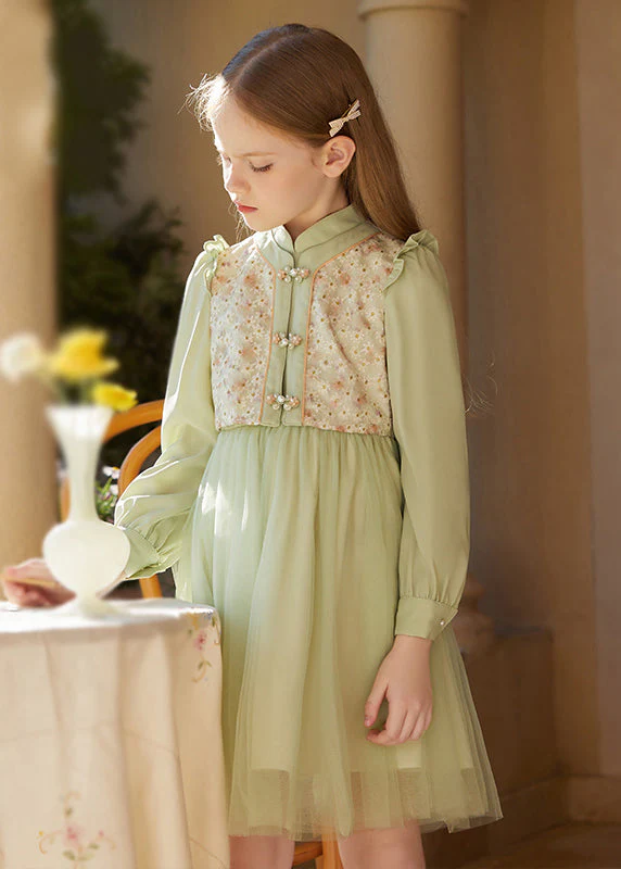 Chinese Style Green Embroideried Ruffled Tulle Patchwork Girls Mid Dress Fall - Image 4