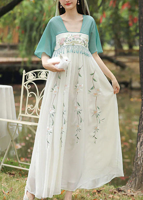Chinese Style Green Embroideried Tasseled Patchwork Chiffon Long Dresses Summer - Image 2