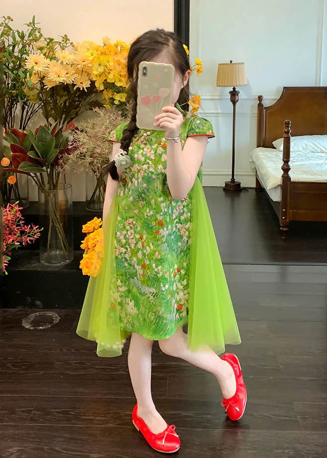 Chinese Style Green Mandarin Collar Patchwork Tulle Chiffon Kids Girls Mid Dress Summer - Image 2