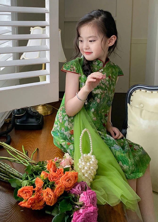 Chinese Style Green Mandarin Collar Patchwork Tulle Chiffon Kids Girls Mid Dress Summer - Image 3