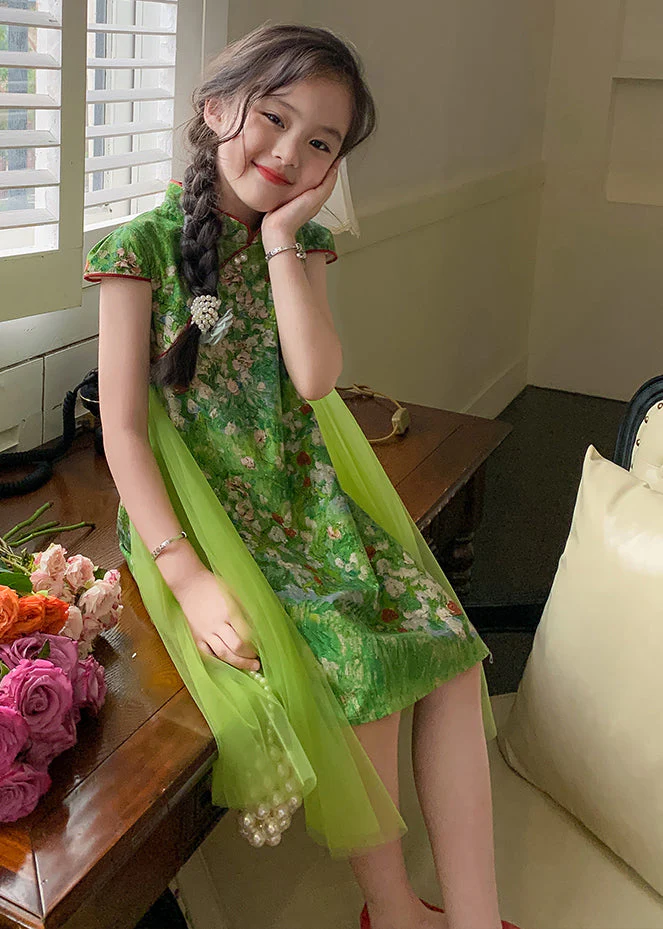 Chinese Style Green Mandarin Collar Patchwork Tulle Chiffon Kids Girls Mid Dress Summer - Image 4
