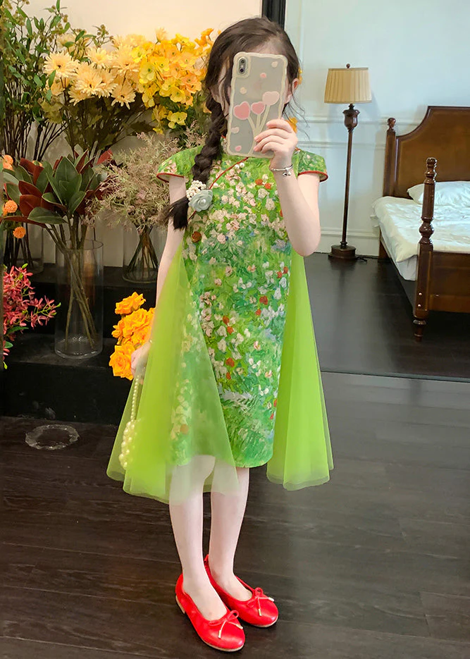 Chinese Style Green Mandarin Collar Patchwork Tulle Chiffon Kids Girls Mid Dress Summer - Image 5